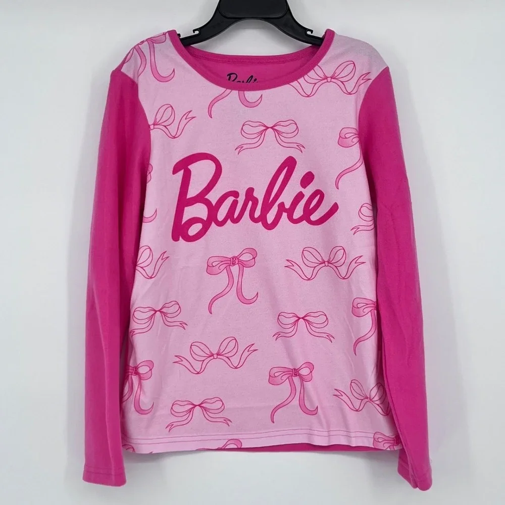 NWOT‎ Barbie Girls Pink Pajama Set 2 Piece Fleece Bow Logo Size Medium 7/8